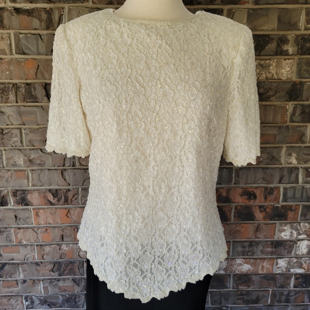 VINTAGE Laurence Kazar Shirt Womens XL Ivory Hand Beaded Sequin Lace Top 90s